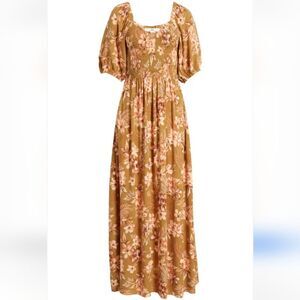 Rip Curl Floral Print Desert Dreams Smocked Poplin Maxi Dress Moss Bronze Size L